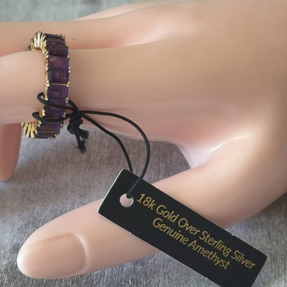 Emerald Cut Band Gold Plated Sterling Silver 925 Gen Amethyst Purple Ring Sz.8 - Picture 4 of 16